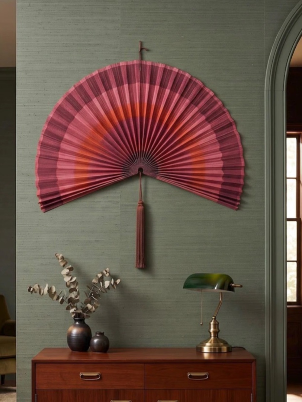 Decorative Red-Pink Wall Fan with Tassel - Elegant Home Accent